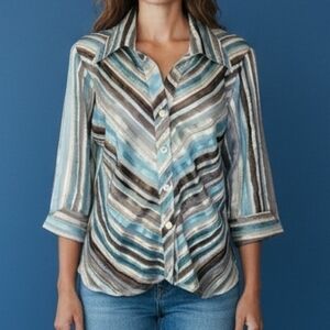 VTG DRESSBARN 1990s blue silver satin metallic striped ribbon button down shirt